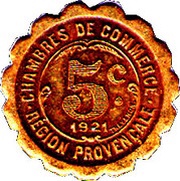 5 Centimes - Chambres de Commerce - Provençal Region Brass, France, 1921 reverse image