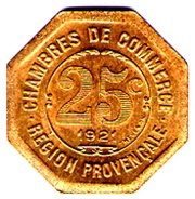 25 Centimes - Chambres de Commerce - Provençal Region Brass, France, 1921 reverse image