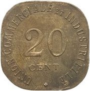 20 Centimes - Union Commerciale et Industrielle - Vincennes [94] Brass, France, 1917 reverse image