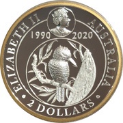 2 Dollars - Elizabeth II 6th Portrait - Kookaburra - 30th Anniversary - High Relief obverse image