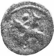 Denier type génois au châtel et à la croix surfrappé, France, 1282-1453 reverse image