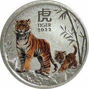 2 Dollars - Elizabeth II 6th Portrait - Year of the Tiger; Coloured Silver Bullion, Australia, 2022 reverse image