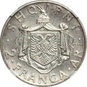 2 Franga Ari - Zog I Prova, Albania, 1935 reverse image