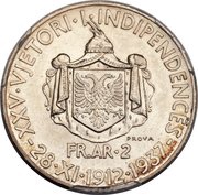 2 Franga Ari - Zog I Independence; Trial strike, Albania, 1937 reverse image