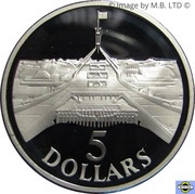5 Dollars - Elizabeth II 3rd Portrait - Masterpieces in Silver - Parliament House, Australia, 1988 reverse image