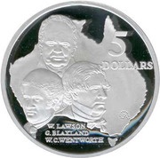 5 Dollars - Elizabeth II 3rd Portrait - Lawson, Blaxland and Wentworth - Masterpieces in Silver, Australia, 1993 reverse image