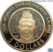 5 Dollars - Elizabeth II 3rd Portrait - The Enfranchisement of Women - Proof, Australia, 1994 reverse image