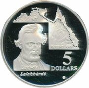 5 Dollars - Elizabeth II 3rd Portrait - Ludwig Leichhardt - Masterpieces in Silver, Australia, 1994 reverse image
