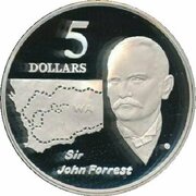 5 Dollars - Elizabeth II 3rd Portrait - Sir John Forrest - Masterpieces in Silver, Australia, 1994 reverse image