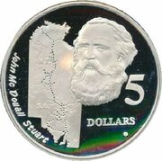 5 Dollars - Elizabeth II 3rd Portrait - John McDouall Stuart - Masterpieces in Silver, Australia, 1994 reverse image