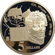 5 Dollars - Elizabeth II 3rd Portrait - Colonel William Light - Masterpieces in Silver, Australia, 1995 reverse image