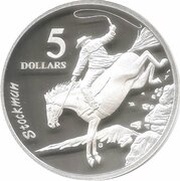 5 Dollars - Elizabeth II 3rd Portrait - Stockman - Masterpieces in Silver, Australia, 1996 reverse image