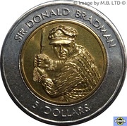 5 Dollars - Elizabeth II 3rd Portrait - Sir Donald Bradman Tribute - Bimetalic reverse image