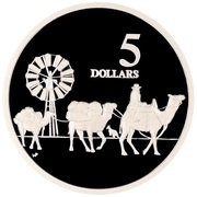5 Dollars - Elizabeth II 3rd Portrait - Camel Pack Train - Masterpieces in Silver, Australia, 1997 reverse image