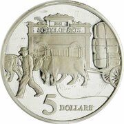 5 Dollars - Elizabeth II 3rd Portrait - Ox-Drawn Wagon - Masterpieces in Silver, Australia, 1997 reverse image