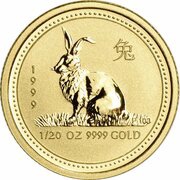 5 Dollars - Elizabeth II 4th Portrait - Year of the Rabbit - Gold Bullion Coin, Australia, 1999 reverse image
