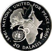 20 Dalasis United Nations; Silver Proof Issue, Gambia, 1995 reverse image