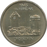 5 Mark Destroyed Frauenkirche Dresden, Germany, 1985 reverse image