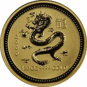 5 Dollars - Elizabeth II 4th Portrait - Year of the Dragon - Gold Bullion Coin, Australia, 2000 reverse image