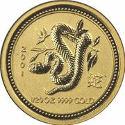 5 Dollars - Elizabeth II 4th Portrait - Year of the Snake - Gold Bullion Coin, Australia, 2001 reverse image