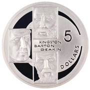 5 Dollars - Elizabeth II 4th Portrait - Kingston, Barton and Deakin - Masterpieces in Silver, Australia, 2001 reverse image