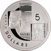5 Dollars - Elizabeth II 4th Portrait - Clark, Parkes and Griffith - Masterpieces in Silver, Australia, 2001 reverse image