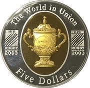 5 Dollars - Elizabeth II 4th Portrait - Rugby World Cup Gold Plated Silver Proof, Australia, 2003 reverse image