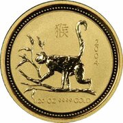 5 Dollars - Elizabeth II 4th Portrait - Year of the Monkey - Gold Bullion Coin, Australia, 2004 reverse image