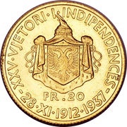 20 Franga Ari - Zog I Independence reverse image