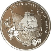 5 Dollars - Elizabeth II 4th Portrait - Bicentenary of Tasmania; Silver Proof, Australia, 2004 reverse image