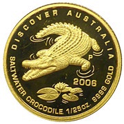 5 Dollars - Elizabeth II 4th Portrait - Saltwater Crocodile; Gold Proof, Australia, 2006 reverse image