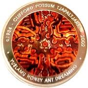 5 Dollars - Elizabeth II 4th Portrait - Clifford Possum Tjapaltjarri - Masterpieces in Silver, Australia, 2007 reverse image