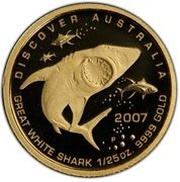 5 Dollars - Elizabeth II 4th Portrait - Great White Shark; Gold Proof, Australia, 2007 reverse image