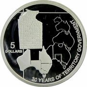 5 Dollars - Elizabeth II 4th Portrait - 30 Years of Territory Government - Silver Proof, Australia, 2008 reverse image