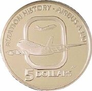 5 Dollars - Elizabeth II 4th Portrait - Airbus A380 - Masterpieces in Silver, Australia, 2008 reverse image