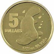 5 Dollars - Elizabeth II 4th Portrait - Petey - Platypus; Gold Bullion Proof, Australia, 2009 reverse image