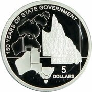 5 Dollars - Elizabeth II 4th Portrait - 150 Years of State Government Queensland - Silver Proof, Australia, 2009 reverse image