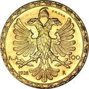 100 Franga Ari - Zog I Prova, Albania, 1928 reverse image