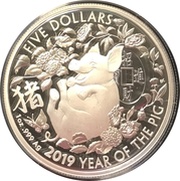5 Dollars - Elizabeth II 4th Portrait - Year of the Pig - Silver Proof, Australia, 2019 reverse image