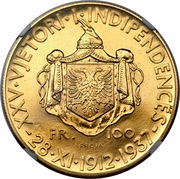 100 Franga Ari - Zog I Independence; Prova, Albania, 1937 reverse image