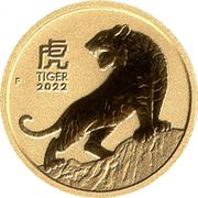 5 Dollars - Elizabeth II 6th Portrait - Year of the Tiger - Gold Bullion Coin, Australia, 2022 reverse image