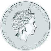 8 Dollars - Elizabeth II 4th Portrait - Year of the Rooster - Silver Bullion Coin obverse image