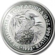 10 Dollars - Elizabeth II 3rd Portrait - Kookaburra - Silver - High Relief, Australia, 1992-1993 reverse image
