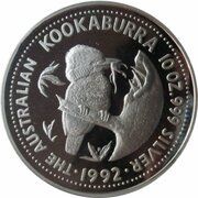 10 Dollars - Elizabeth II 3rd Portrait - Kookaburra - Silver - High Relief, Australia, 1992-1993 reverse image