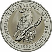 10 Dollars - Elizabeth II 3rd Portrait - Kookaburra - Silver - High Relief, Australia, 1994-1995 reverse image