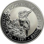 10 Dollars - Elizabeth II 3rd Portrait - Kookaburra - Silver - High Relief, Australia, 1996-1997 reverse image
