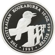 10 Dollars - Elizabeth II 3rd Portrait - Kookaburra - Silver - High Relief, Australia, 1997-1998 reverse image