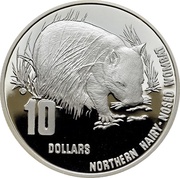 10 Dollars - Elizabeth II 4th Portrait - Hairy Nosed Wombat - Piedfort, Australia, 1998 reverse image