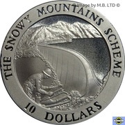 10 Dollars - Elizabeth II 4th Portrait - Snowy Mountains Alpine Lake, Australia, 1999 reverse image