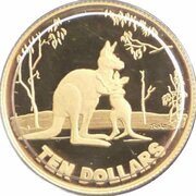 10 Dollars - Elizabeth II 4th Portrait - Gold Kangaroo; Rolf Harris, Australia, 2007 reverse image